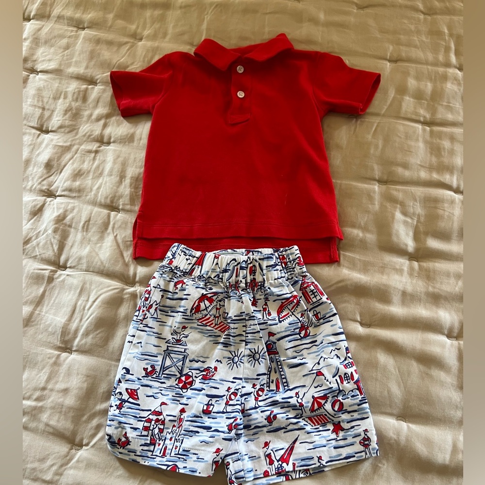 Baby Boy Summer Short Set & Red Collared Shirt- 12-18 months